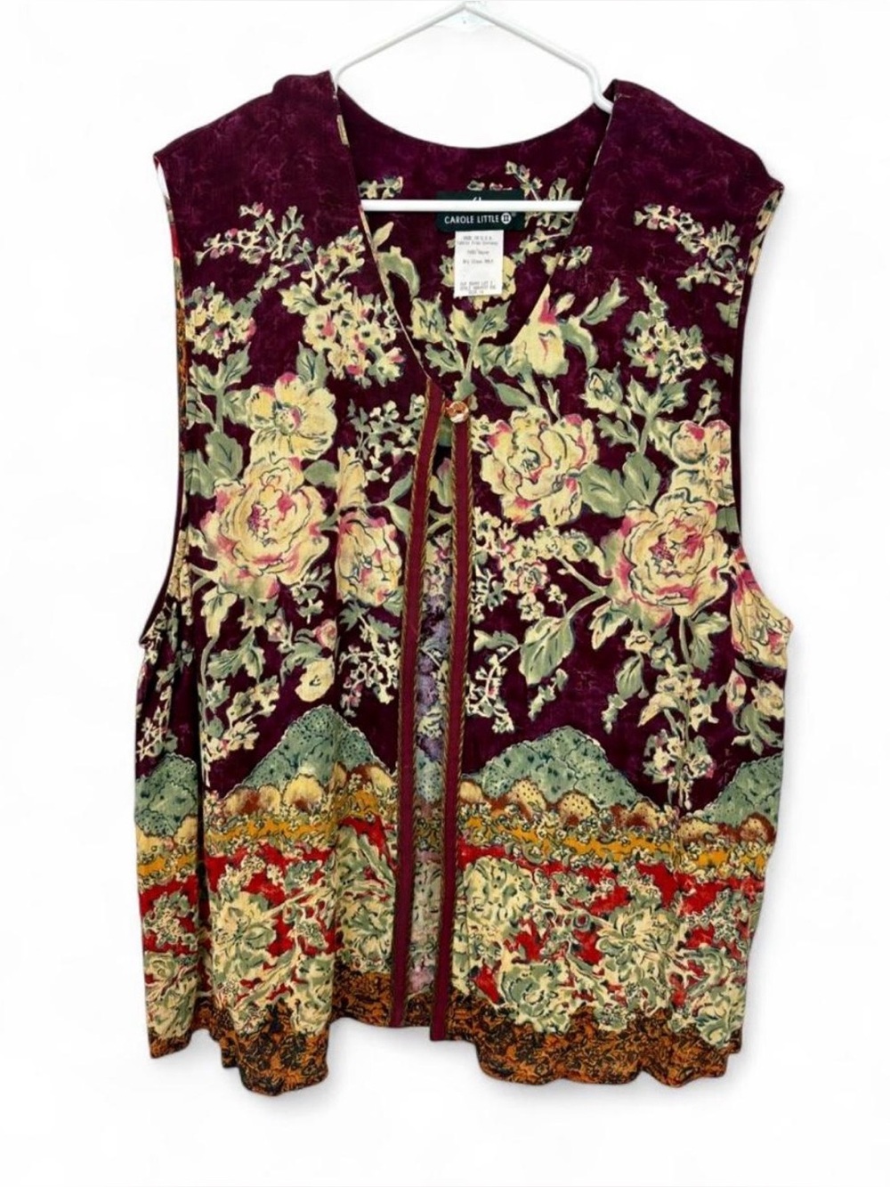 Vintage Carole Little Single Button Floral Sleeveless Shirt Vest Size 16 Boho
